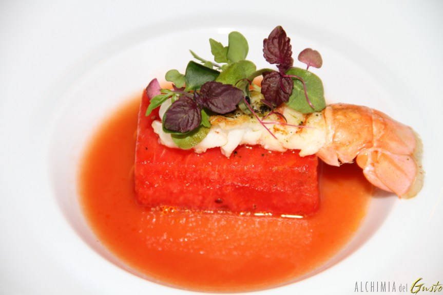 Ricetta dello Chef Giovanni D’Amato Scampo arrostito al tè Matcha con anguria e salsa&nbsp;agra